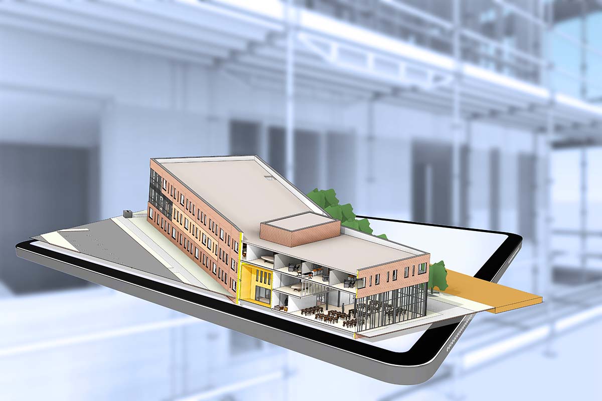 BIM-Modell: 3D-Veranschaulichung eines realen Gebäudes Building Information Modeling Prozess.