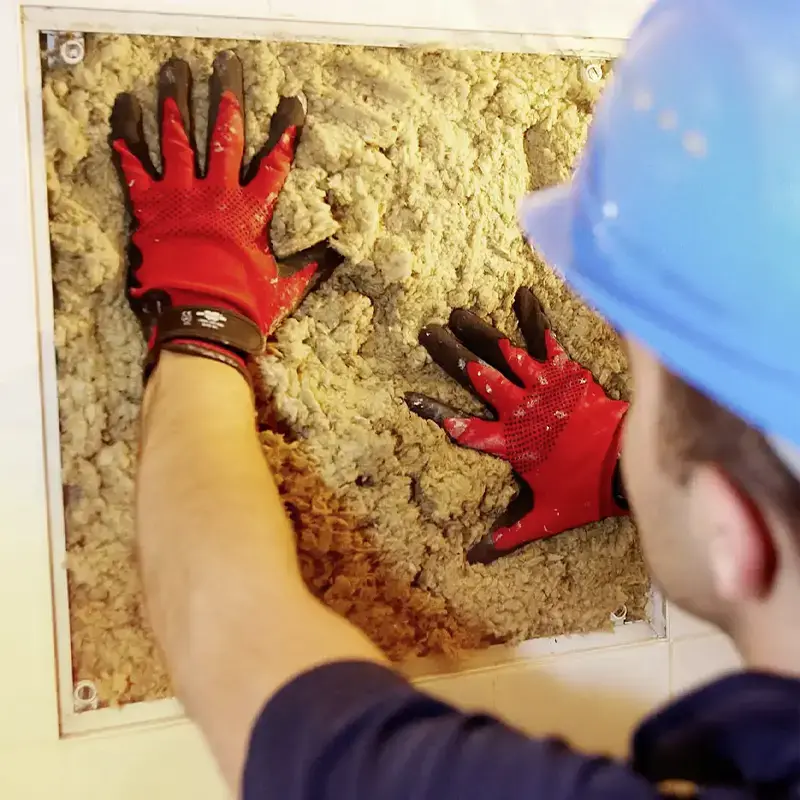 Mitarbeiter von svt, der Installationsschachtverfüllung mit beiden Händen & Handschuhen berührt.